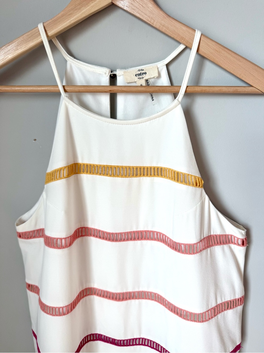 Entro White Halter Sleeveless Shift Mini Dress with Multicolor Stripes - Picture 2 of 3